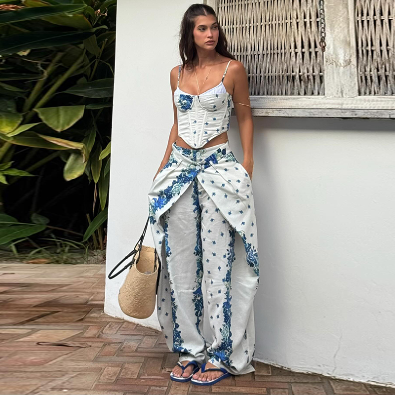 Wide Leg Palazzo Pants - Sexy Printed Vest Trouser Women Suit