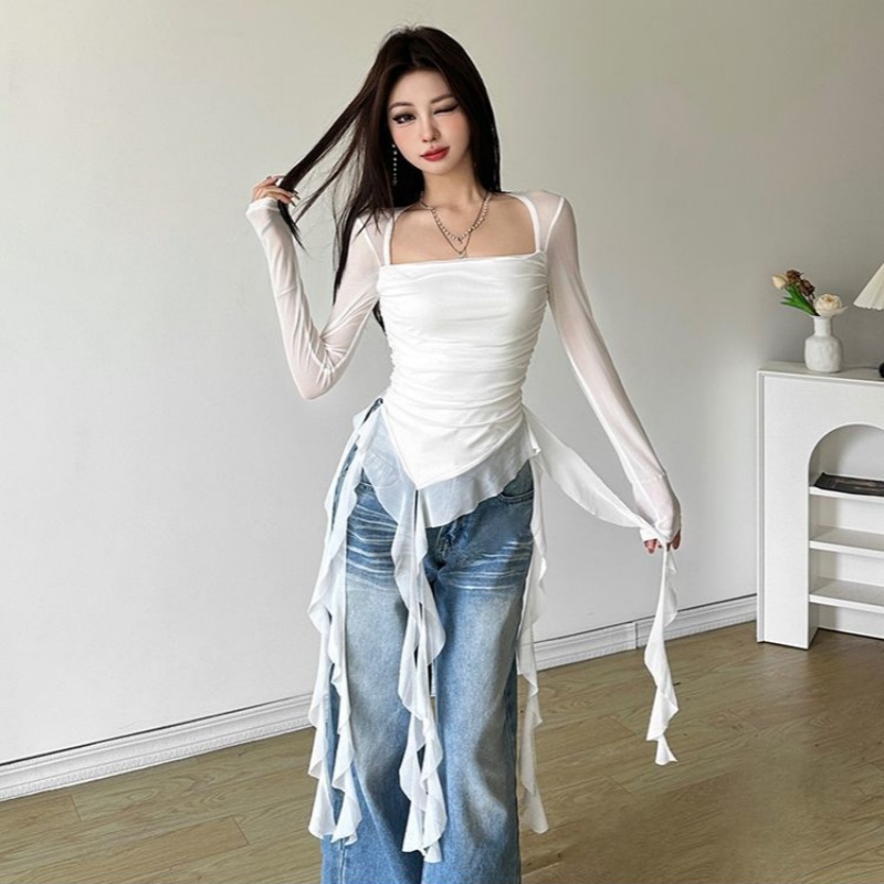 Women Fashion Korean - Ruffle Long Sleeve Sexy T-Shirts Fashion