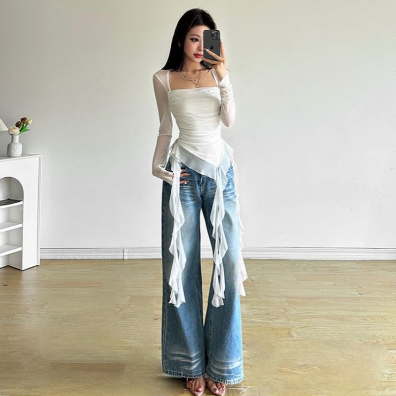 Ruffle Long Sleeve Sexy T-Shir - Women Fashion Korean review and price