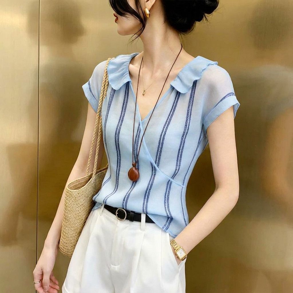French Style Blue Vertical Str - Wrap Blouse Chiffon review and price