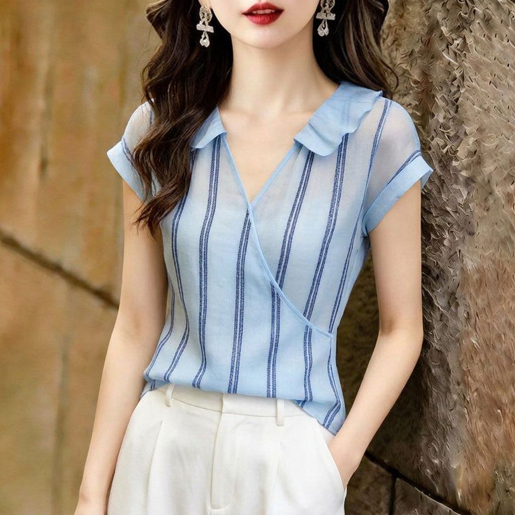 French Style Blue Vertical Str - Wrap Blouse Chiffon review and price