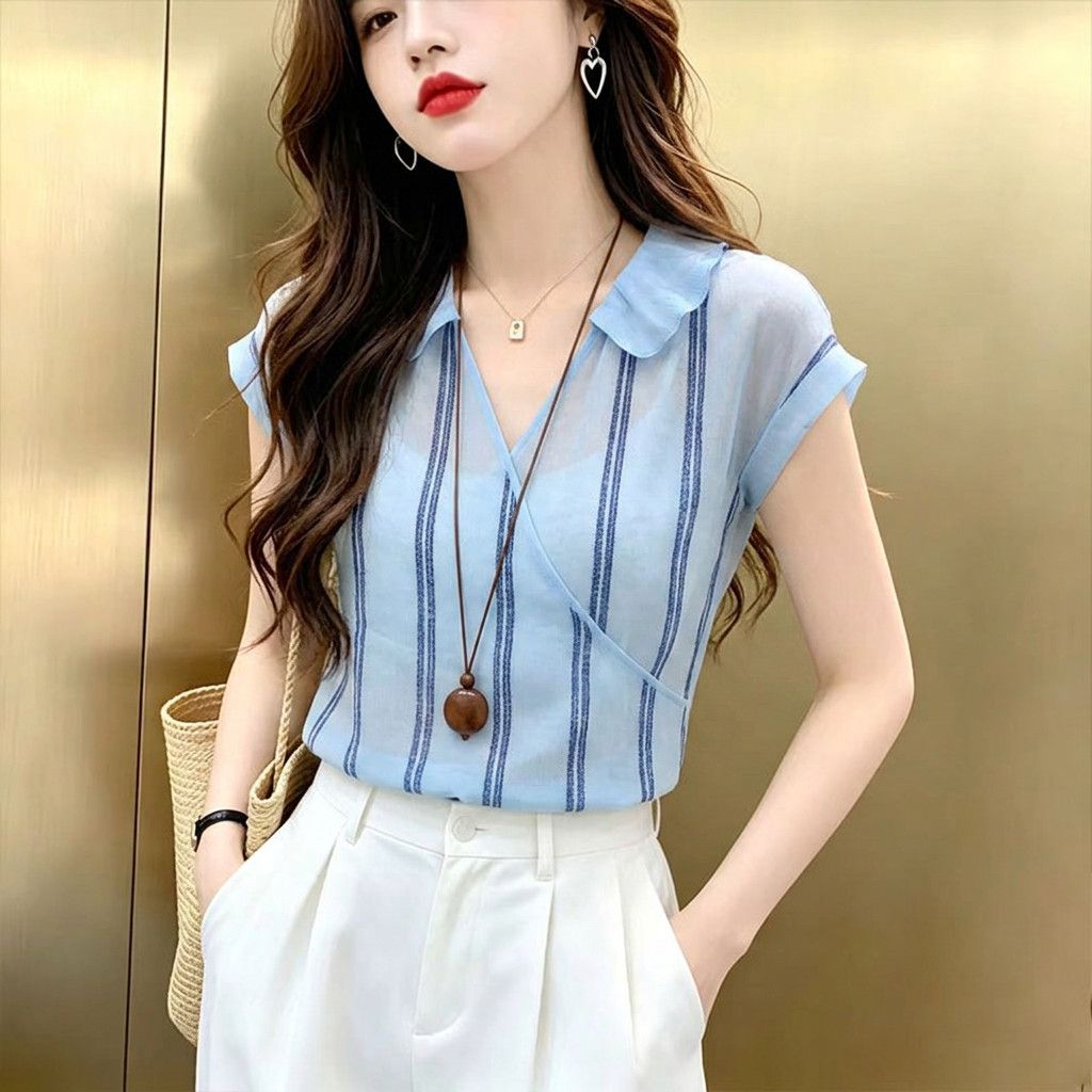 French Style Blue Vertical Str - Wrap Blouse Chiffon review and price