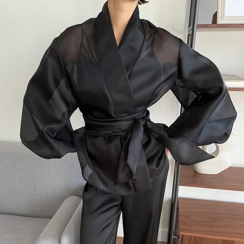 Elegant Black Sheer Organza Wr - Wrap Blouse Chiffon review and price