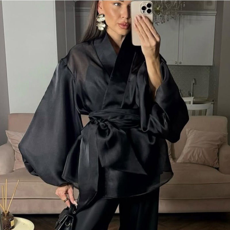 Elegant Black Sheer Organza Wr - Wrap Blouse Chiffon review and price