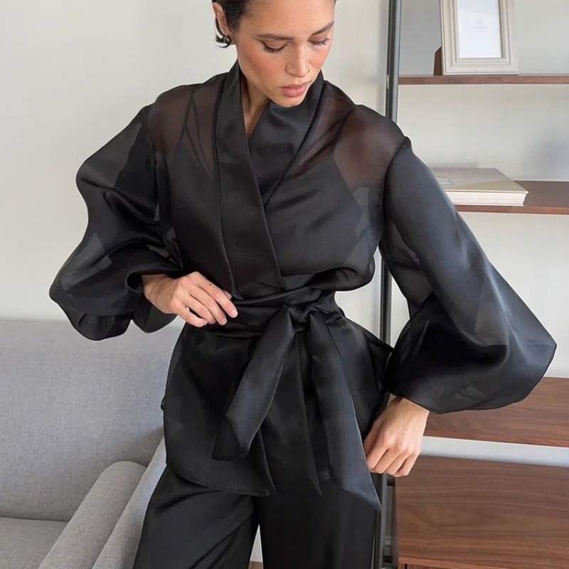 Elegant Black Sheer Organza Wr - Wrap Blouse Chiffon review and price
