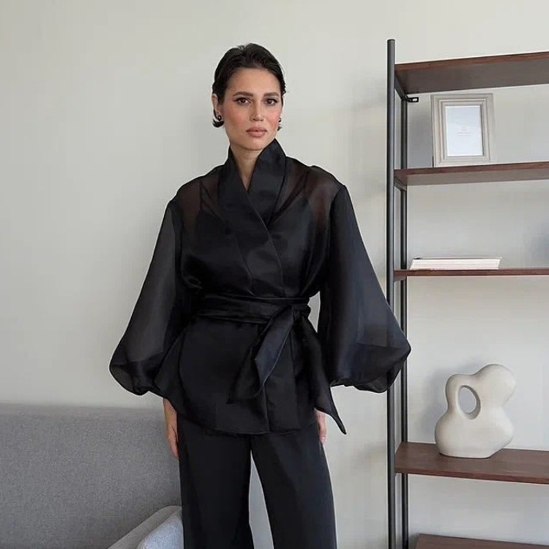 Elegant Black Sheer Organza Wr - Wrap Blouse Chiffon review and price