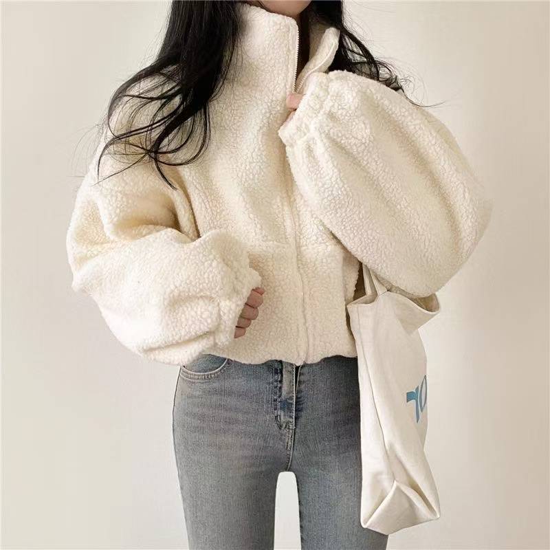 Women Stand Collar Cropped Zip - Sherpa Coat Women review and price