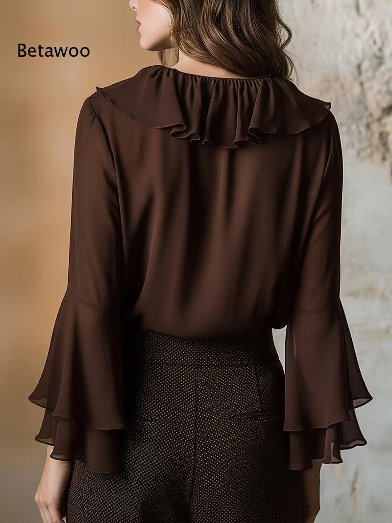 Women Elegant Ruffle V Neck Ch - Wrap Blouse Chiffon review and price