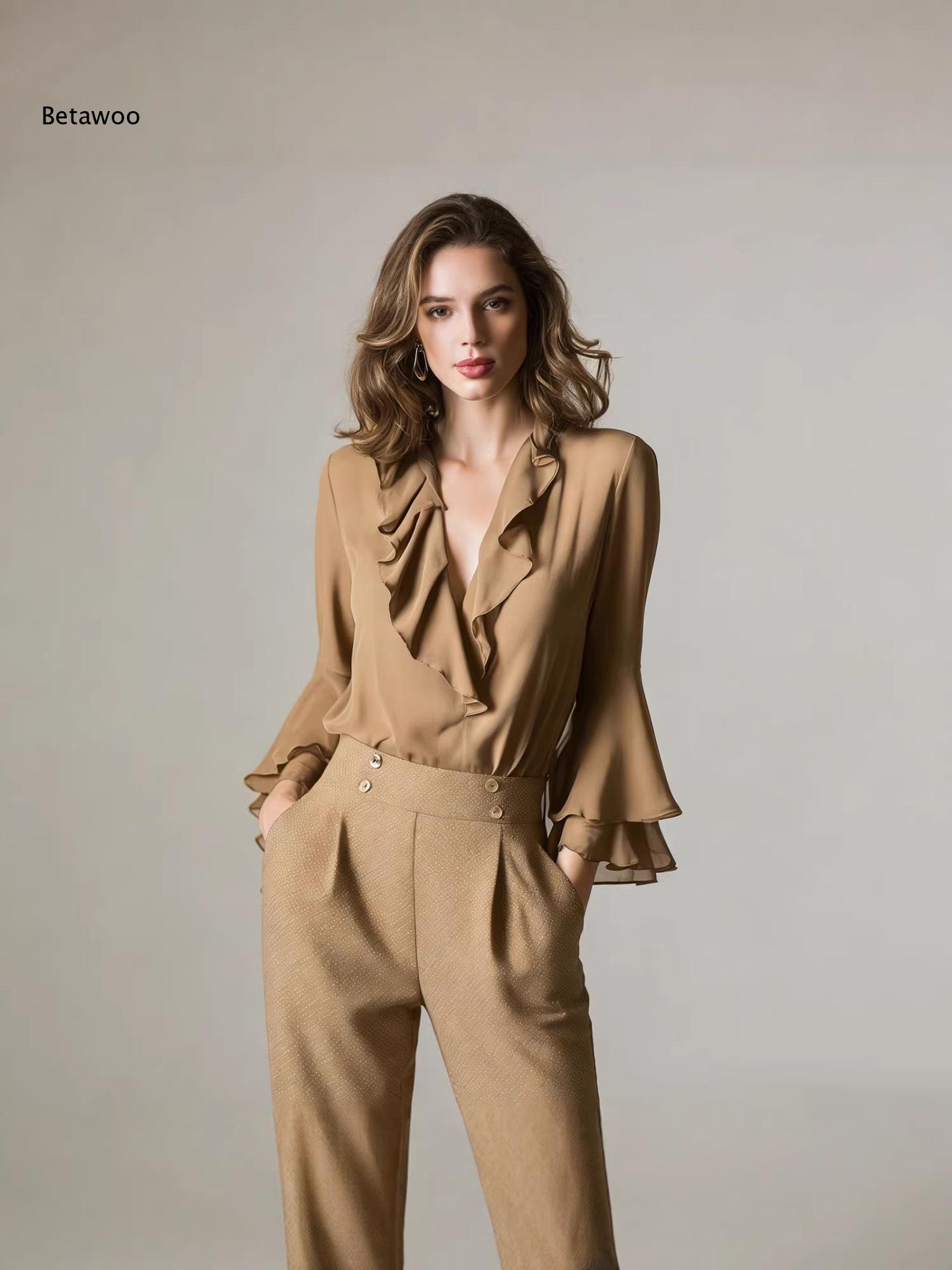 Women Elegant Ruffle V Neck Ch - Wrap Blouse Chiffon review and price