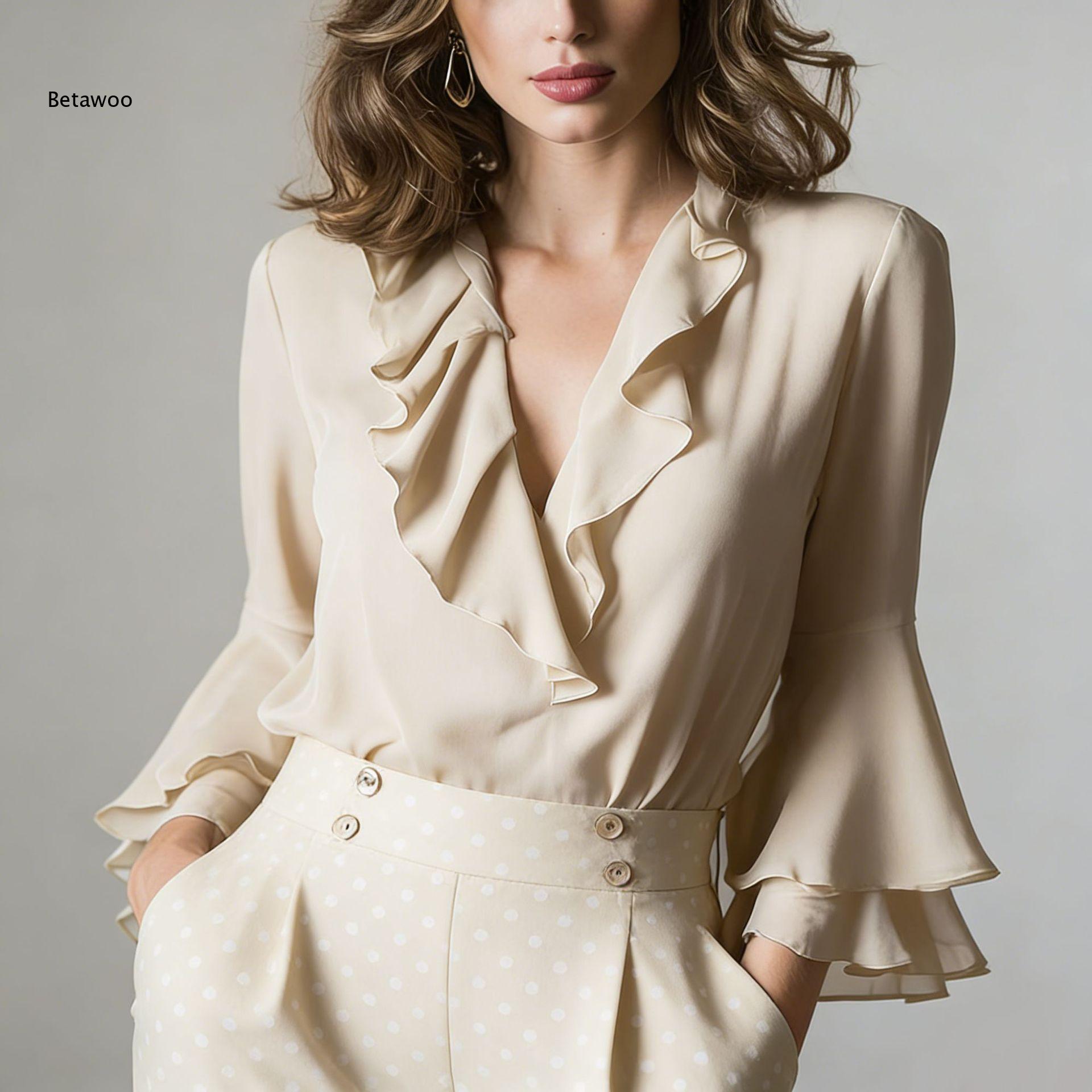 Women Elegant Ruffle V Neck Ch - Wrap Blouse Chiffon review and price